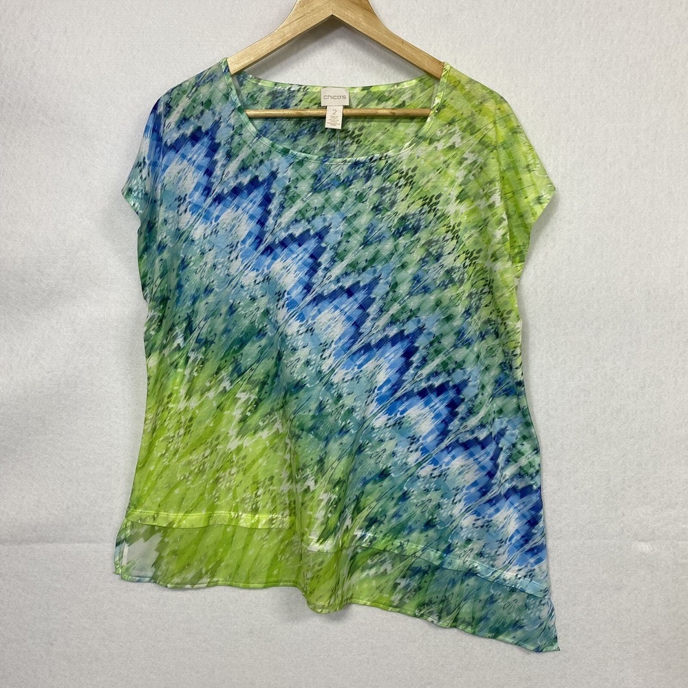 Chico's Women 2 Large Blouse Multicolor Asymmetrical Hem Flowy Boho Artsy Top